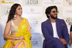 Dulquer Salman, Rashmika Mandanna and Mrunal Thakur attend the trailer launch of the movie Sita Ramam