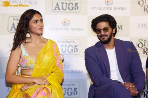 Dulquer Salman, Rashmika Mandanna and Mrunal Thakur attend the trailer launch of the movie Sita Ramam