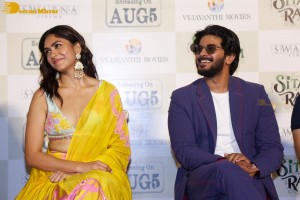 Dulquer Salman, Rashmika Mandanna and Mrunal Thakur attend the trailer launch of the movie Sita Ramam