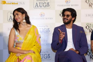 Dulquer Salman, Rashmika Mandanna and Mrunal Thakur attend the trailer launch of the movie Sita Ramam