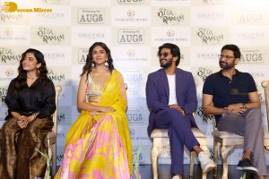 Dulquer Salman, Rashmika Mandanna and Mrunal Thakur attend the trailer launch of the movie Sita Ramam