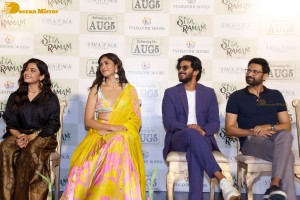 Dulquer Salman, Rashmika Mandanna and Mrunal Thakur attend the trailer launch of the movie Sita Ramam