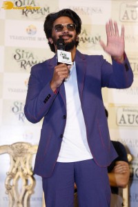 Dulquer Salman, Rashmika Mandanna and Mrunal Thakur attend the trailer launch of the movie Sita Ramam