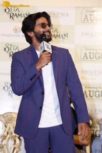 Dulquer Salman, Rashmika Mandanna and Mrunal Thakur attend the trailer launch of the movie Sita Ramam