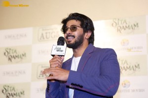 Dulquer Salman, Rashmika Mandanna and Mrunal Thakur attend the trailer launch of the movie Sita Ramam