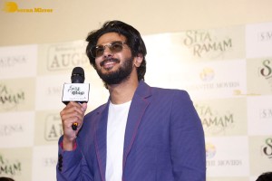 Dulquer Salman, Rashmika Mandanna and Mrunal Thakur attend the trailer launch of the movie Sita Ramam