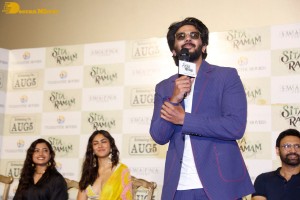 Dulquer Salman, Rashmika Mandanna and Mrunal Thakur attend the trailer launch of the movie Sita Ramam