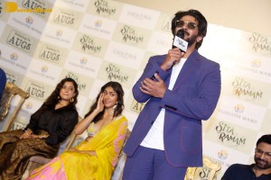 Dulquer Salman, Rashmika Mandanna and Mrunal Thakur attend the trailer launch of the movie Sita Ramam