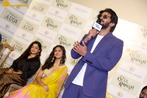 Dulquer Salman, Rashmika Mandanna and Mrunal Thakur attend the trailer launch of the movie Sita Ramam