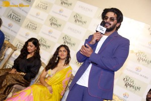 Dulquer Salman, Rashmika Mandanna and Mrunal Thakur attend the trailer launch of the movie Sita Ramam