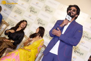 Dulquer Salman, Rashmika Mandanna and Mrunal Thakur attend the trailer launch of the movie Sita Ramam