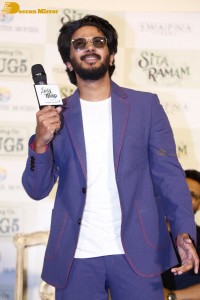 Dulquer Salman, Rashmika Mandanna and Mrunal Thakur attend the trailer launch of the movie Sita Ramam