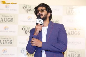 Dulquer Salman, Rashmika Mandanna and Mrunal Thakur attend the trailer launch of the movie Sita Ramam