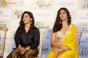 Dulquer Salman, Rashmika Mandanna and Mrunal Thakur attend the trailer launch of the movie Sita Ramam