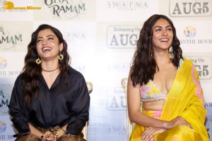 Dulquer Salman, Rashmika Mandanna and Mrunal Thakur attend the trailer launch of the movie Sita Ramam