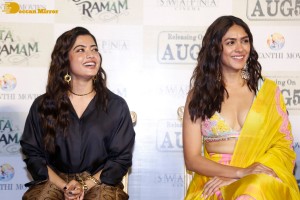 Dulquer Salman, Rashmika Mandanna and Mrunal Thakur attend the trailer launch of the movie Sita Ramam