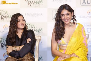 Dulquer Salman, Rashmika Mandanna and Mrunal Thakur attend the trailer launch of the movie Sita Ramam