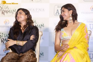 Dulquer Salman, Rashmika Mandanna and Mrunal Thakur attend the trailer launch of the movie Sita Ramam