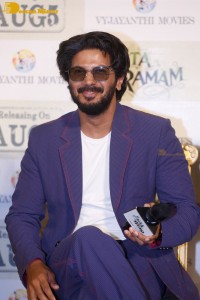 Dulquer Salman, Rashmika Mandanna and Mrunal Thakur attend the trailer launch of the movie Sita Ramam