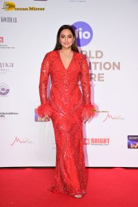 bollywood actress sonakshi sinha in a red dress