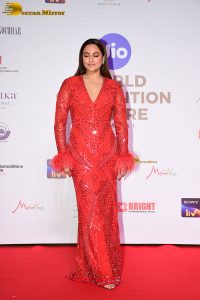 bollywood actress sonakshi sinha in a red dress