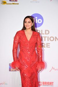 bollywood actress sonakshi sinha in a red dress