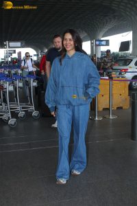 punjabi actress sonam bajwa dressed in all blue at mumbai airport