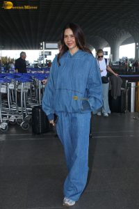 punjabi actress sonam bajwa dressed in all blue at mumbai airport