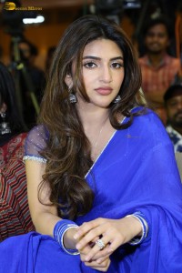 actress Sreeleela dazzles in a blue saree at a movie function