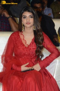 Pelli Sandadi fame Sreeleela in a red dress attending a movie function