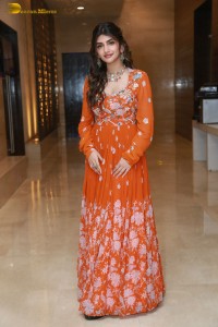 Telugu Actress Sreeleela in a orange salwar dress at a movie function
