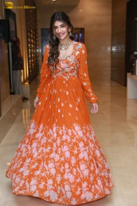 Telugu Actress Sreeleela in a orange salwar dress at a movie function