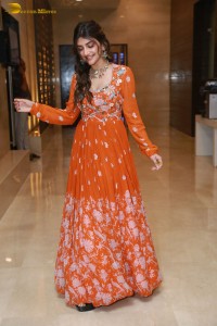 Telugu Actress Sreeleela in a orange salwar dress at a movie function