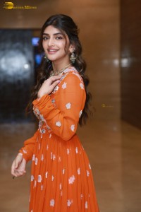 Telugu Actress Sreeleela in a orange salwar dress at a movie function