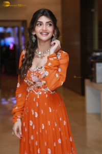 Telugu Actress Sreeleela in a orange salwar dress at a movie function