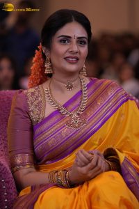 anchor and actress sreemukhi beautiful in a yellow and pink saree