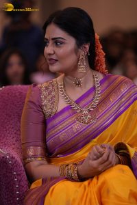 anchor and actress sreemukhi beautiful in a yellow and pink saree