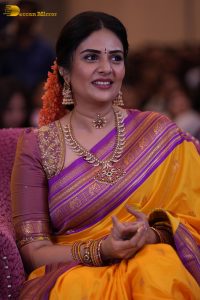 anchor and actress sreemukhi beautiful in a yellow and pink saree