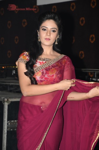 Telugu Actress Sreemukhi in a red saree