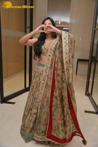 Actress Srinidhi Shetty in a gold color Lehenga Choli while attending the Pre-release function of the movie KGF Chapter 2