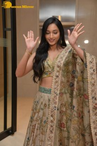 Actress Srinidhi Shetty in a gold color Lehenga Choli while attending the Pre-release function of the movie KGF Chapter 2