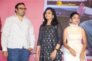Varsha Bollamma, Indraja and Raj Tarun attend the Pre-Release function of the movie Stand Up Rahul