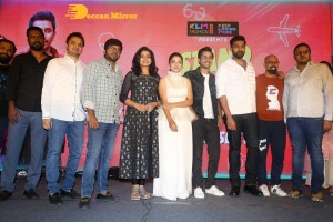 Varsha Bollamma, Indraja and Raj Tarun attend the Pre-Release function of the movie Stand Up Rahul