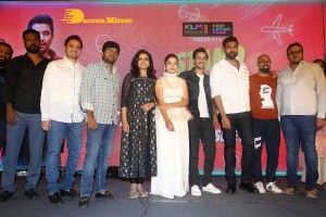 Varsha Bollamma, Indraja and Raj Tarun attend the Pre-Release function of the movie Stand Up Rahul