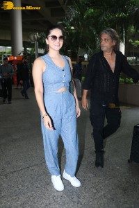 Sunny Leone dressed in denim at the Airport