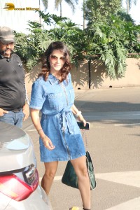 Sunny Leone in a denim dress at Mumbai Airport