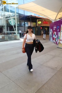 indian actress tamannaah bhatia hot looks in a pink t-shirt at airport