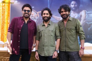 Thandel movie launch attended by Naga Chaitanya, Sai Pallavi, Nagarjuna, Venkatesh, and Allu Aravind