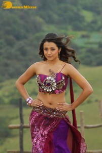 Trisha in a pink shoulderless dress for a film shoot