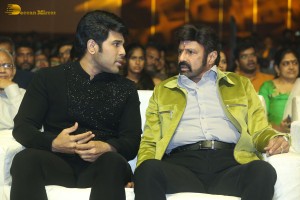 Pre-Release Function of the movie Urvasivo Rakshasivo attended by Allu Sirish, Anu Emmanuel, Allu Aravind and Nandamuri Balakrishna